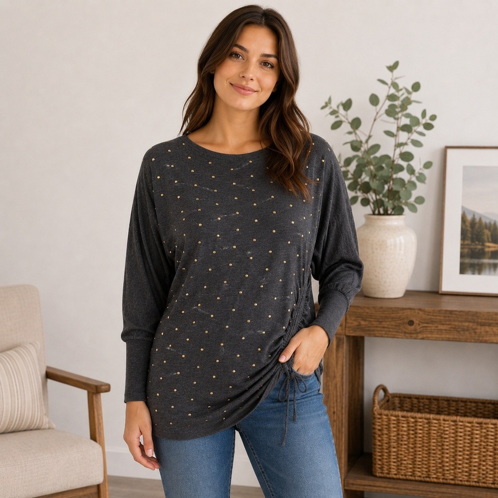 Express Top Women S Black Studded Side Cinch Boat Neck Long Sleeve